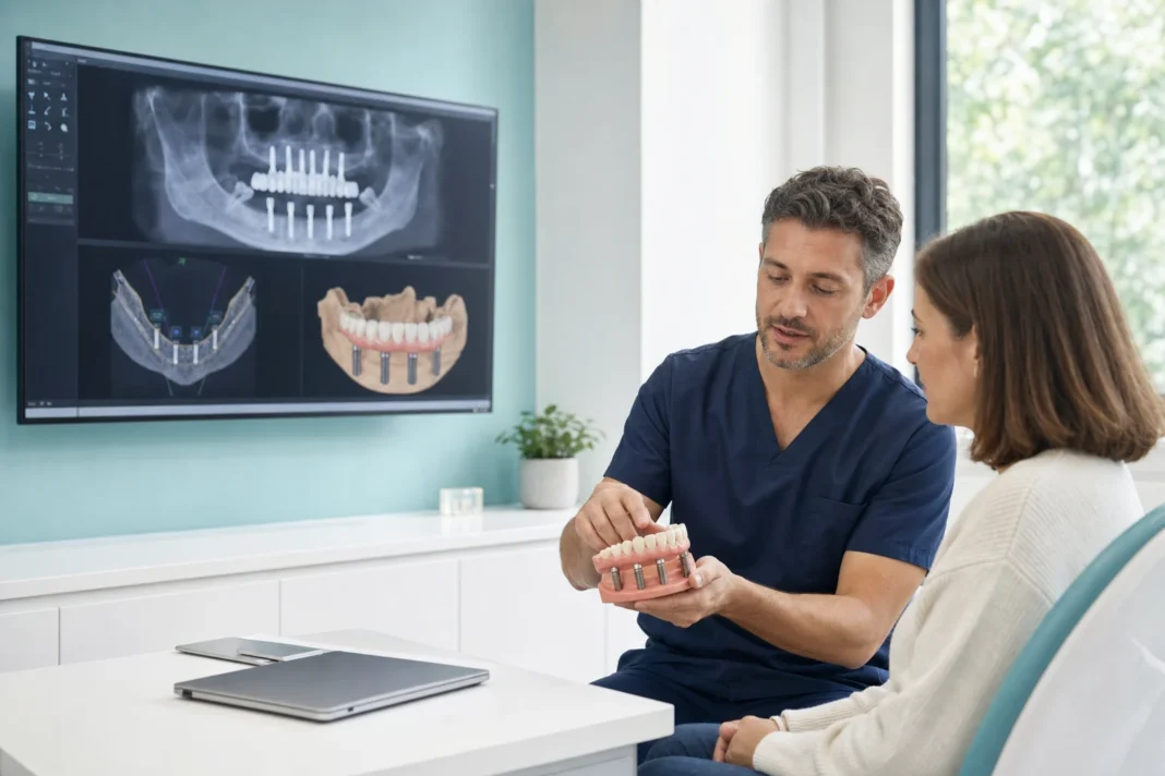 Dentist explaining an All-on-4 full-arch implant treatment plan to a patient