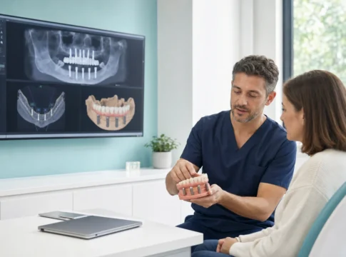 Dentist explaining an All-on-4 full-arch implant treatment plan to a patient
