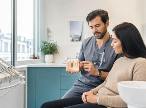Dentist explaining a dental implant treatment plan to an international patient in a modern clinic