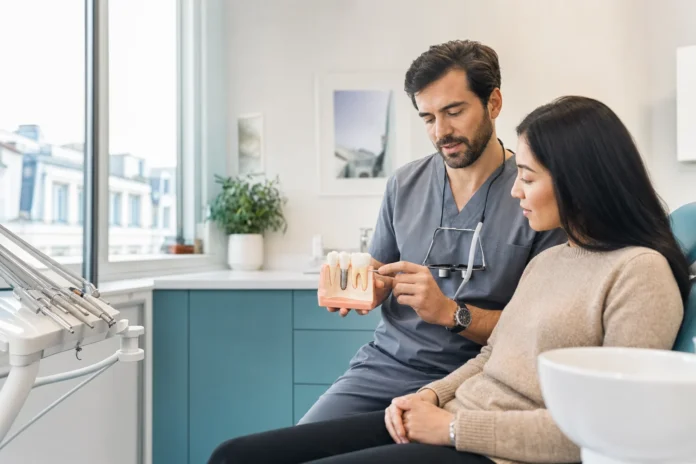 Dentist explaining a dental implant treatment plan to an international patient in a modern clinic