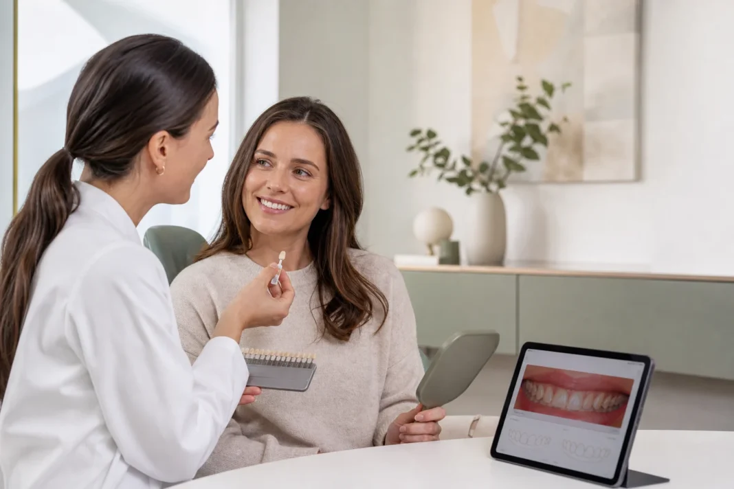 Dentist discussing natural veneer shades and smile design options with a patient