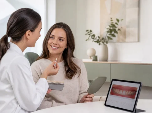 Dentist discussing natural veneer shades and smile design options with a patient