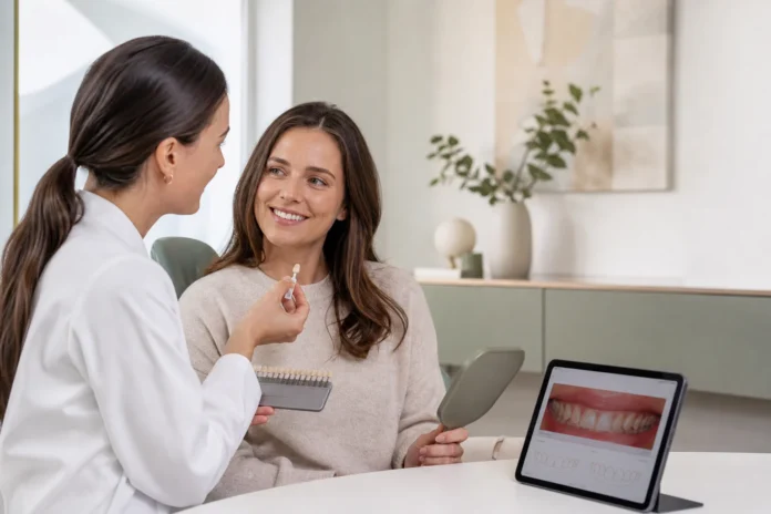 Dentist discussing natural veneer shades and smile design options with a patient