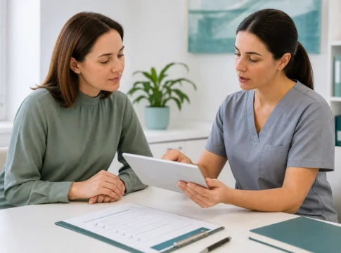 Patient and clinician discussing abdominal-surgery recovery planning