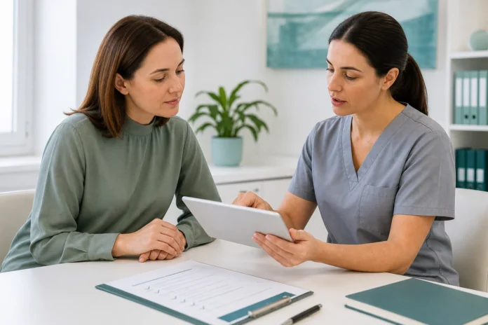 Patient and clinician discussing abdominal-surgery recovery planning