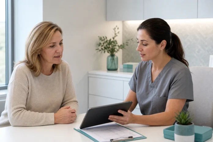 Patient and clinician discussing eyelid-surgery planning and eye health
