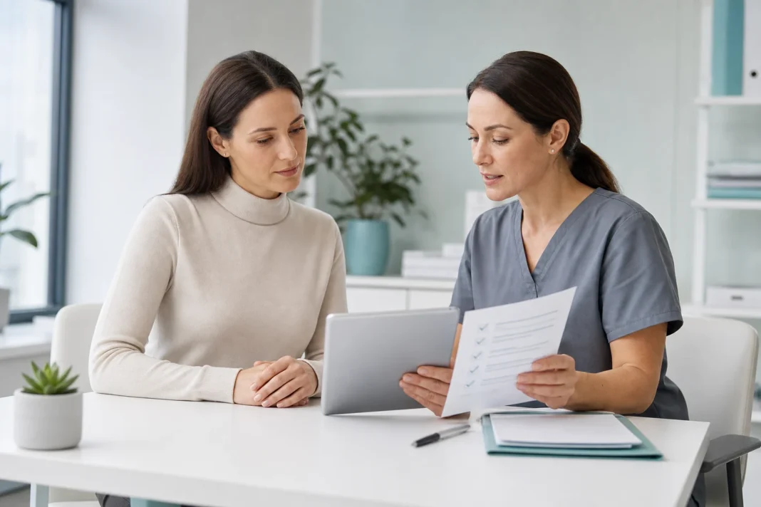 Patient and clinician reviewing a surgical planning checklist