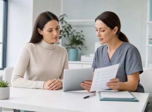 Patient and clinician reviewing a surgical planning checklist