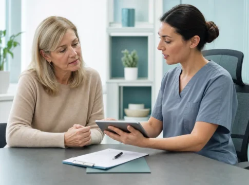 Patient and clinician discussing facial-surgery planning and recovery