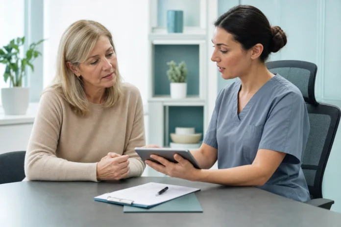 Patient and clinician discussing facial-surgery planning and recovery