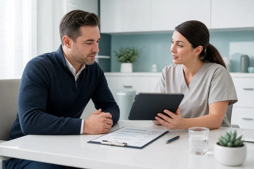 Patient and clinician reviewing a body-contouring treatment plan