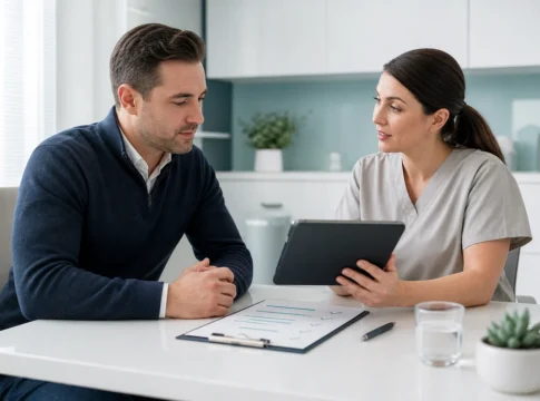 Patient and clinician reviewing a body-contouring treatment plan