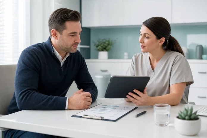 Patient and clinician reviewing a body-contouring treatment plan